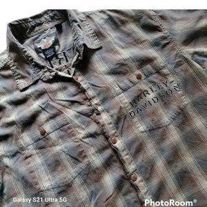 2007 Harley Davidson Men's Shirt Size 2XL Brown Plaid Short Sleeve Button Up